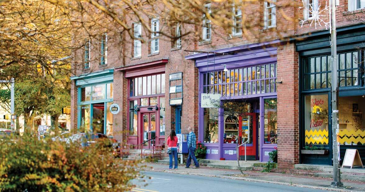 Professional architectural photography of downtown Carrboro, North Carolina, featuring the historic Carr Mill Mall.